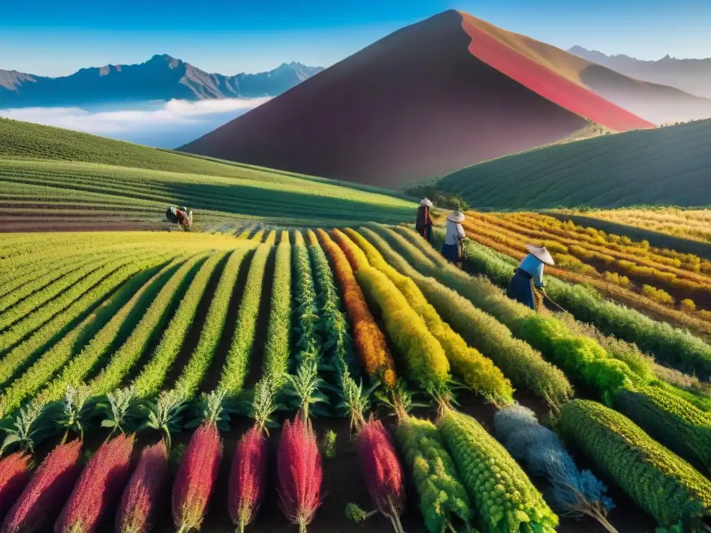 Campos de quinua coloridos en los Andes, cosecha tradicional bajo el cielo azul