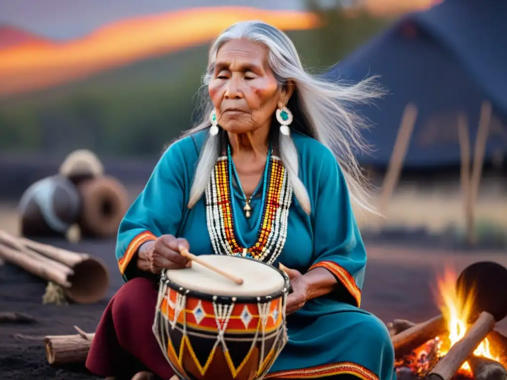 Elder indígena canta cantos espirituales junto al fuego bajo un cielo estrellado