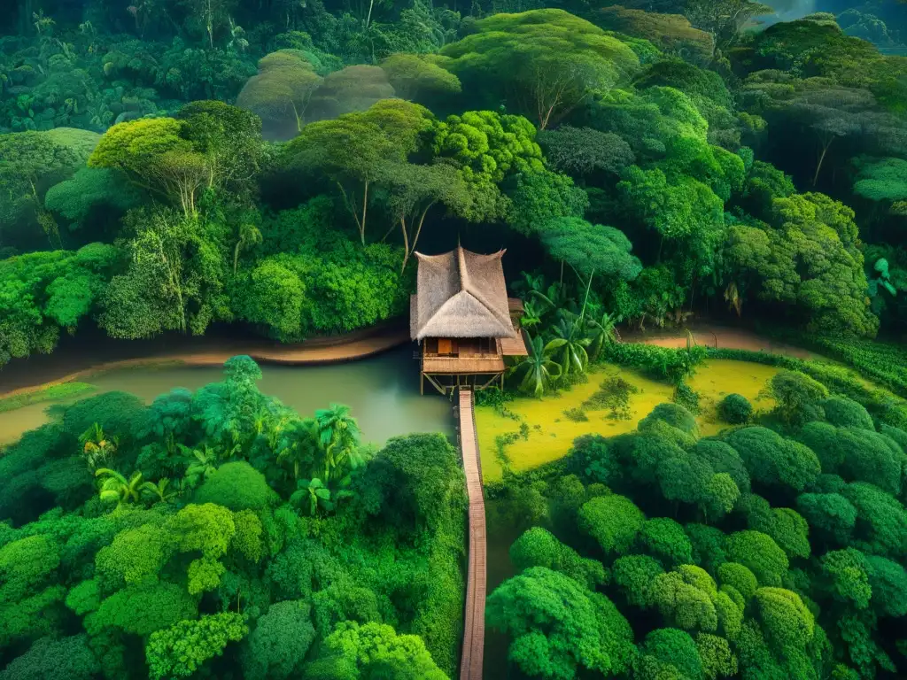 Una casa tradicional de madera se funde armoniosamente con la exuberante selva amazónica, reflejando la armonía arquitectónica en la jungla