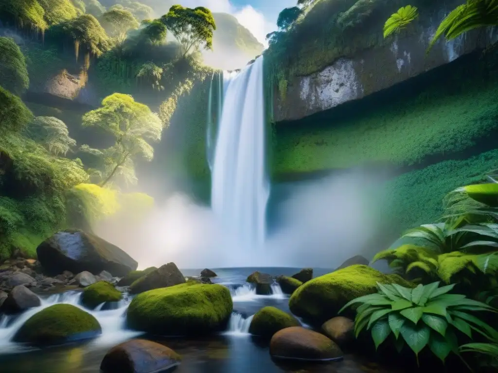 Una cascada serena fluye entre rocas cubiertas de musgo en un exuberante bosque lluvioso