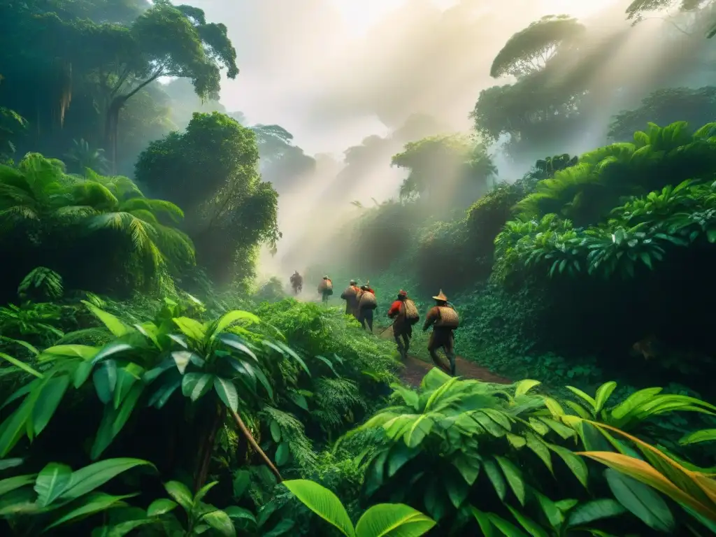 Cazadores indígenas en la selva con técnicas de caza y pesca tradicionales