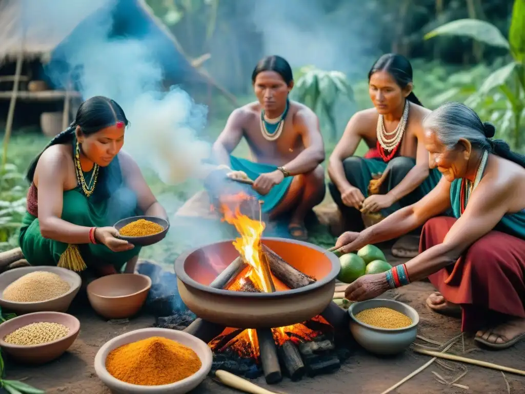 Celebración comunitaria alrededor del fuego, preparando alimentos tradicionales indígenas