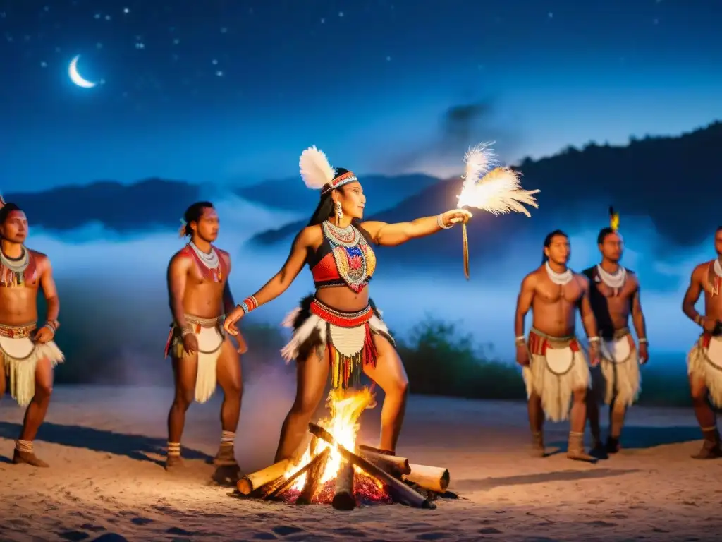 Celebración de festividades indígenas contemporáneas con danza alrededor de fogata bajo cielo estrellado