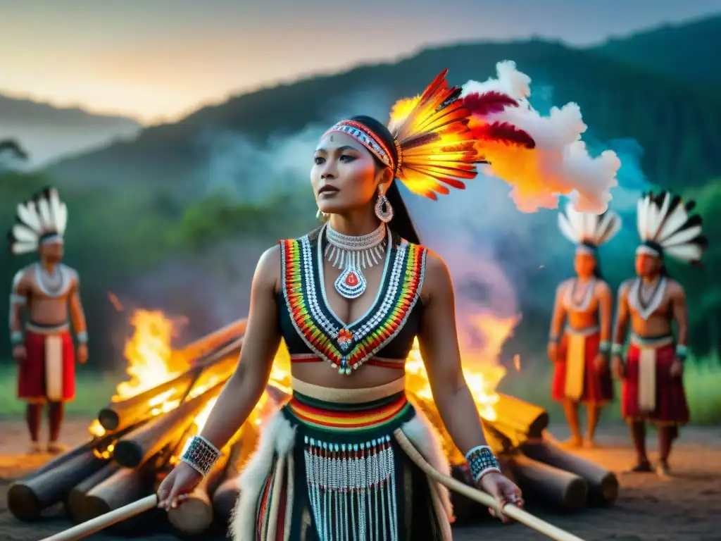 Celebración de festividades indígenas en América: Grupo danzando alrededor de fogata en la selva, unidos por su herencia y tradiciones