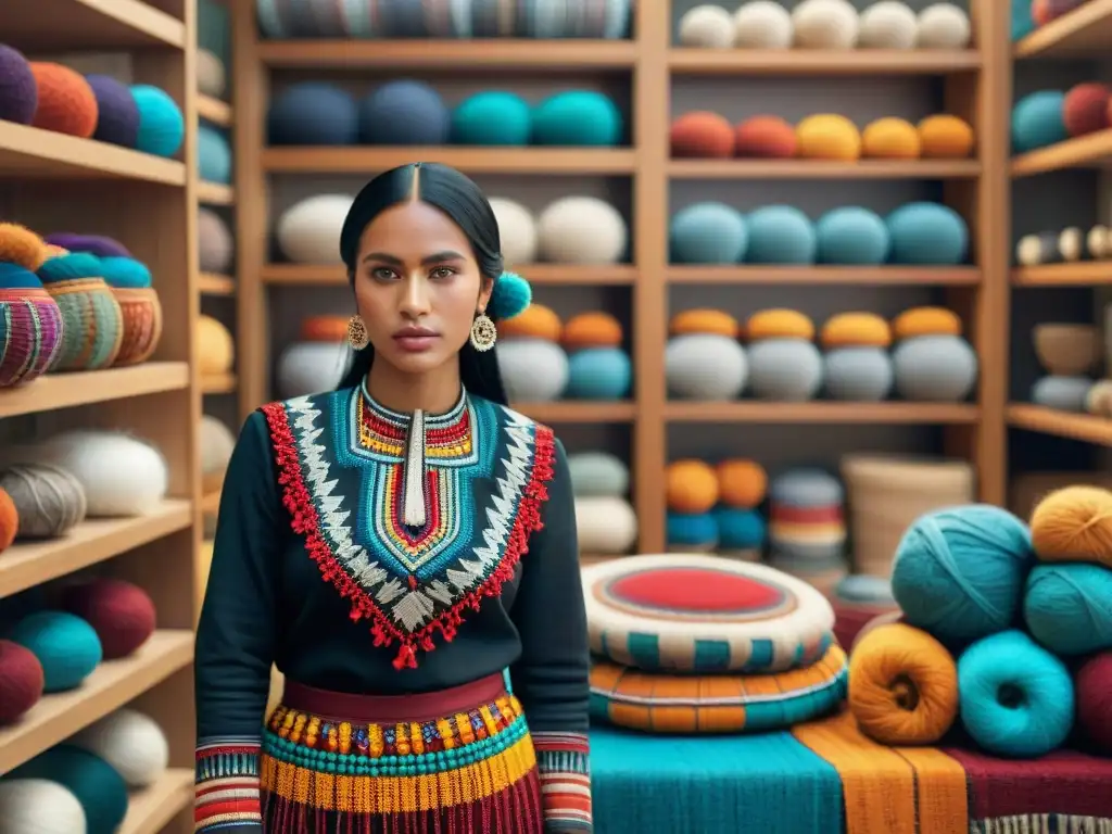 Celebración de la moda indígena como expresión cultural con mujeres tejiendo prendas coloridas