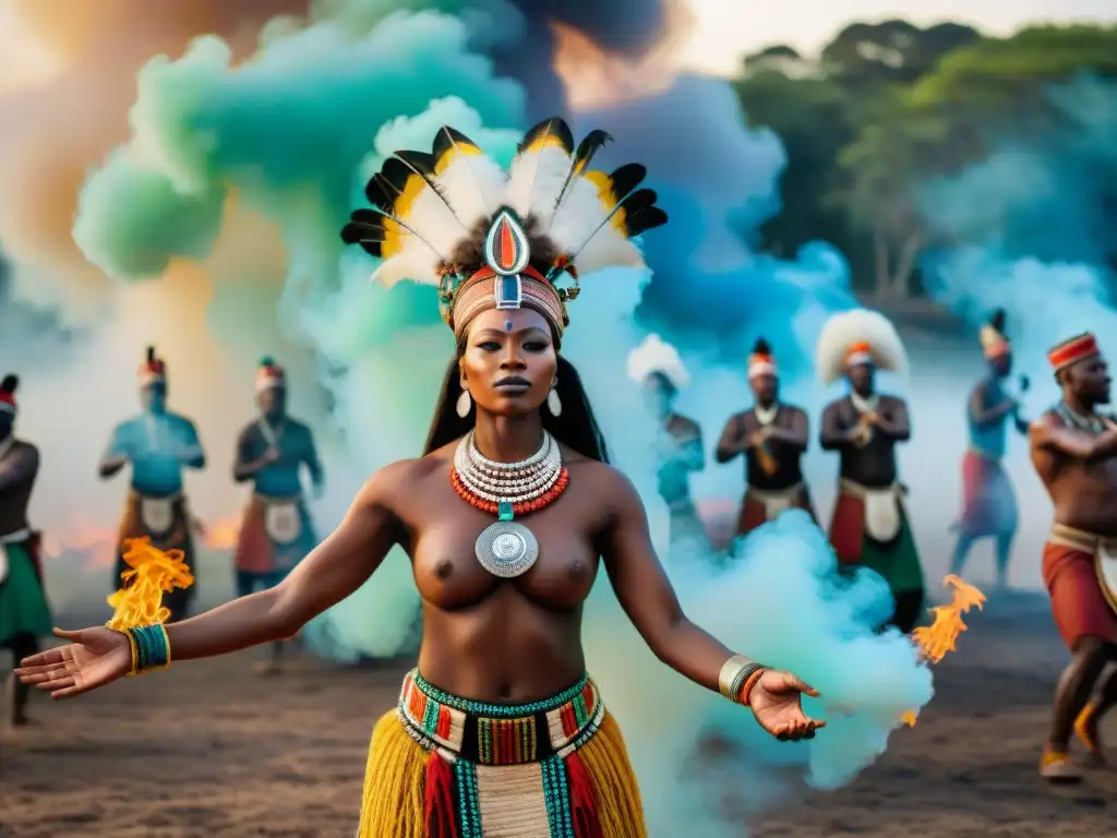 Una celebración vibrante con influencia africana en cocina indígena, donde culturas se entrelazan en un ritual festivo alrededor de una fogata