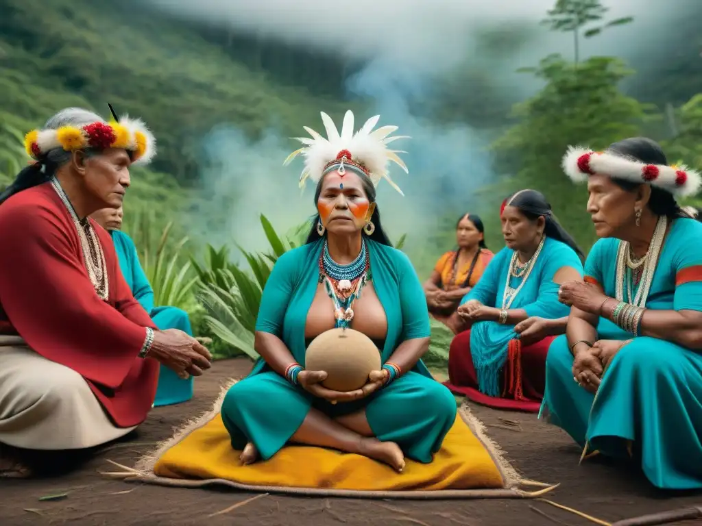 Celebraciones de Pasaje en Culturas Indígenas: Ritual de nacimiento con mujeres, ancianos y madre decorada en un claro del bosque vibrante y sagrado