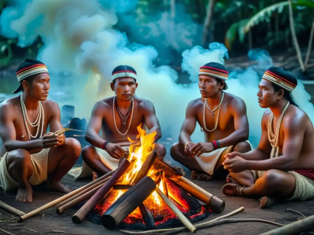 Celebraciones únicas de comunidades amazónicas tocando instrumentos tradicionales junto a una fogata en la selva