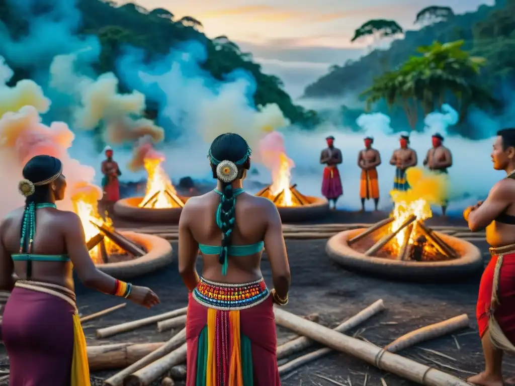 Celebraciones únicas de comunidades amazónicas danzando alrededor de una fogata en la selva