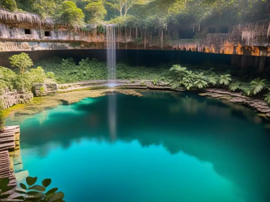 Un cenote maya sagrado rodeado de ruinas antiguas y exuberante vegetación, reflejando la conexión espiritual de culturas indígenas