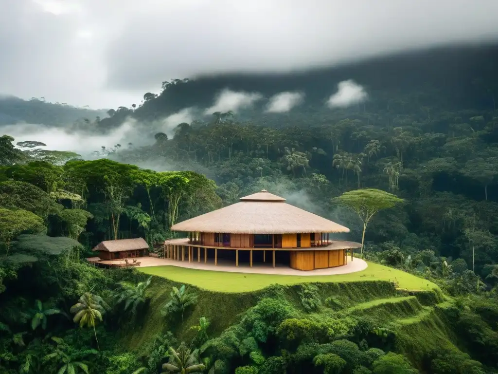 Centro comunitario indígena moderno en la selva amazónica, fusionando tradición y innovación