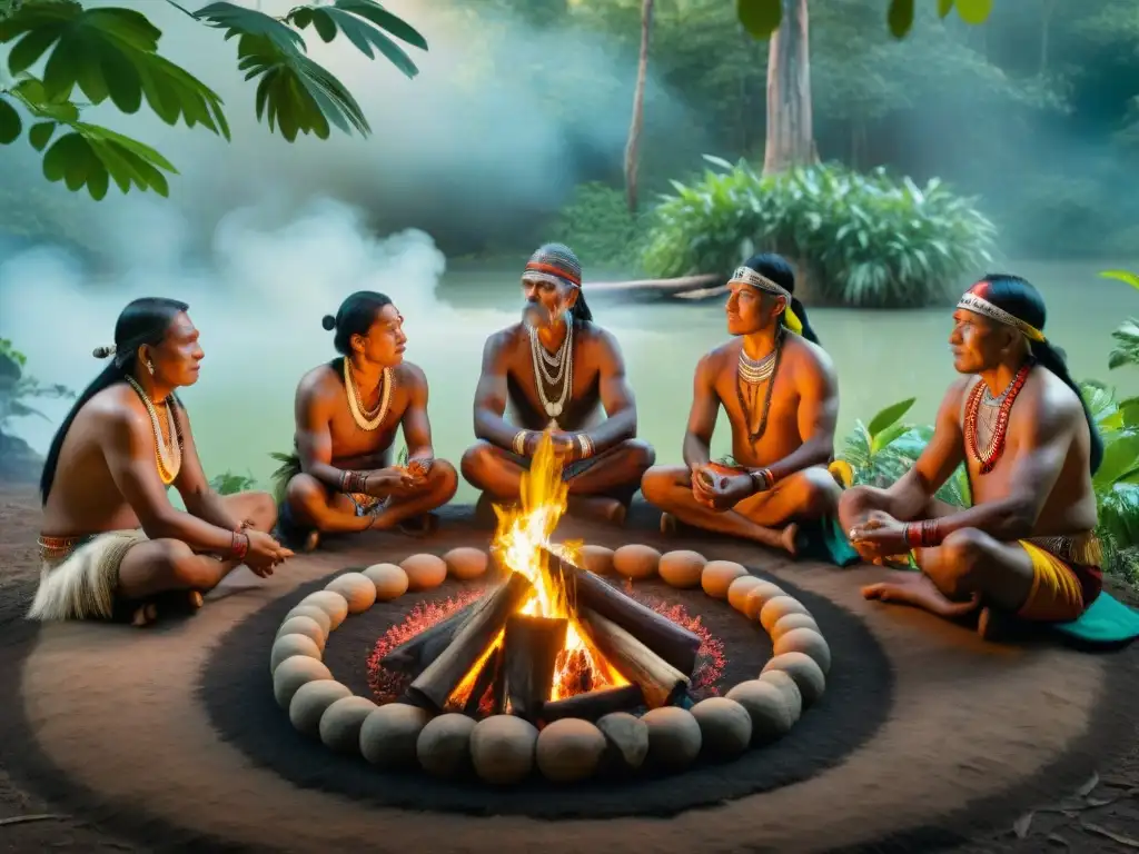 Ceremonia ancestral de sabiduría: ancianos indígenas danzan en el bosque, conectados con el alma de la naturaleza