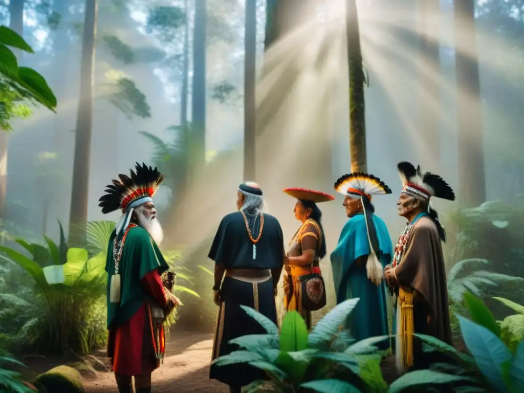 Ceremonia ancestral de líderes indígenas en el bosque: unión espiritual y respeto por la tierra