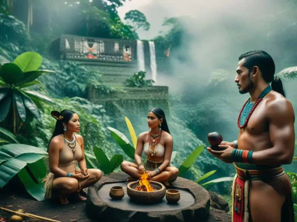 Ceremonia ancestral maya con cacao en selva exuberante