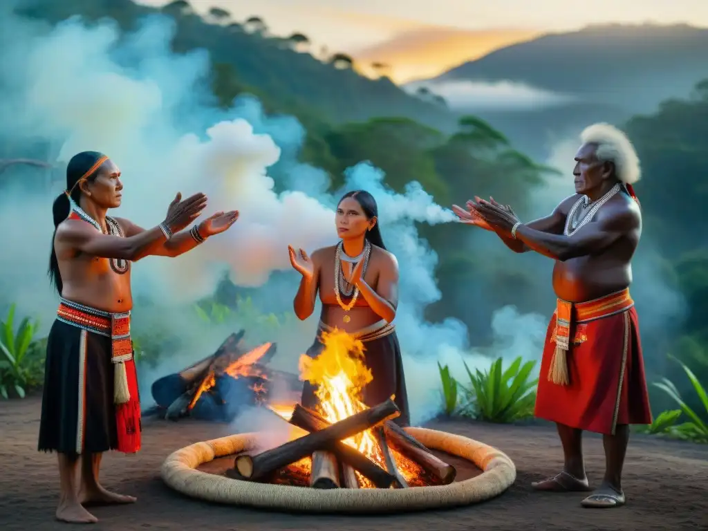 Ceremonia ancestral de rituales indígenas América historia, ancianos alrededor de fogata al atardecer