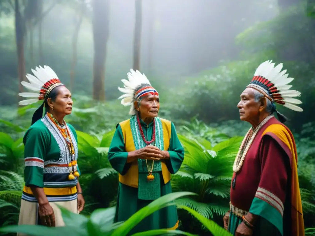 Ceremonia ancestral de saberes indígenas en la selva, integración de cultura y naturaleza