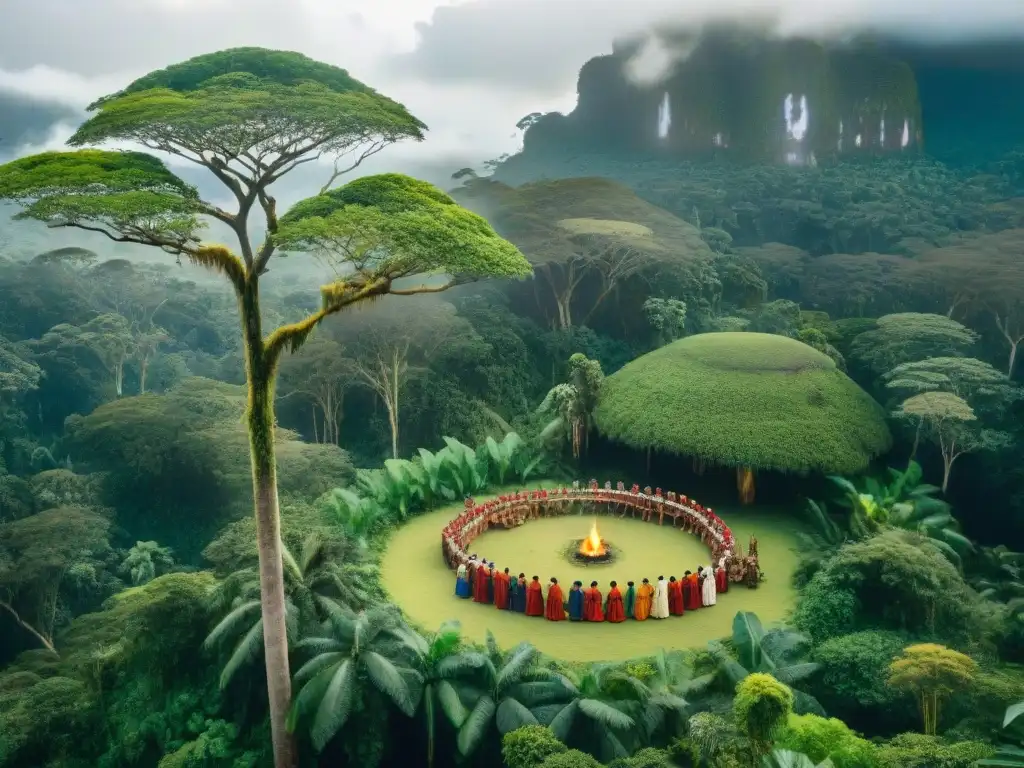 Ceremonia ancestral en la selva amazónica, resaltando la conexión sagrada entre la tierra y su gente