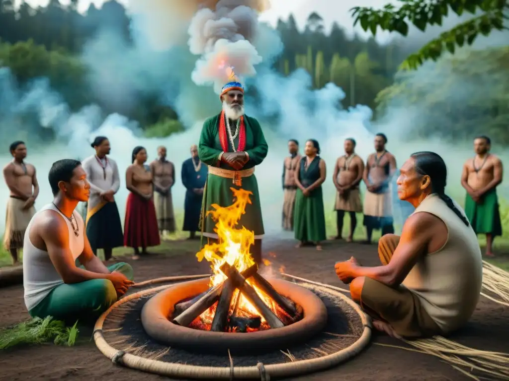 Ceremonia de ancianos indígenas alrededor de un fuego sagrado en el bosque