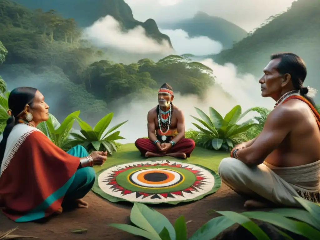 Ceremonia de ancianos indígenas en la selva, transmitiendo enseñanzas sobre medio ambiente