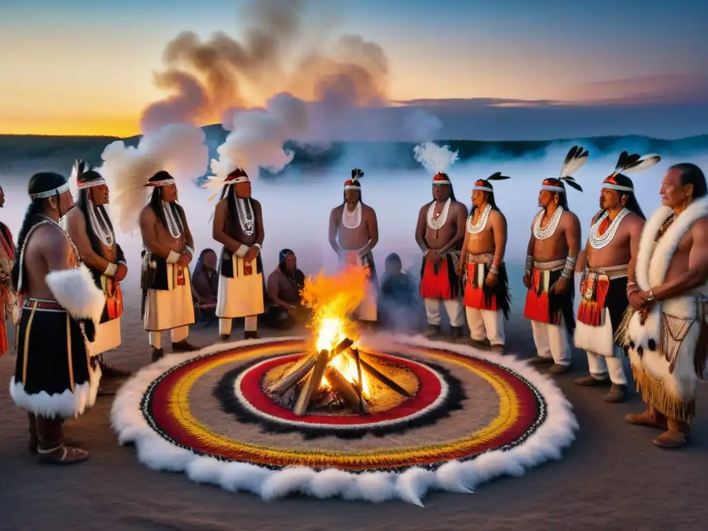 Ceremonia de iniciación Lakota Sioux con ancianos guiando a un joven en danza ritual alrededor del fuego, bajo un cielo estrellado