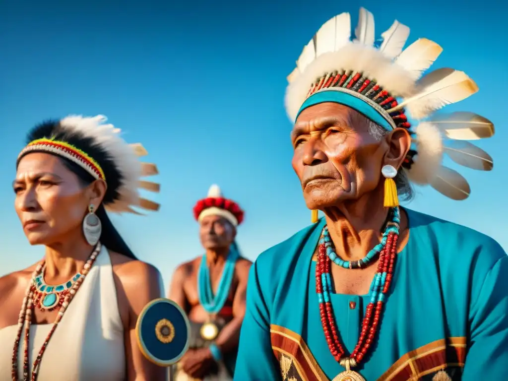 Ceremonia de repatriación de artefactos culturas indígenas con ancianos solemnemente ataviados