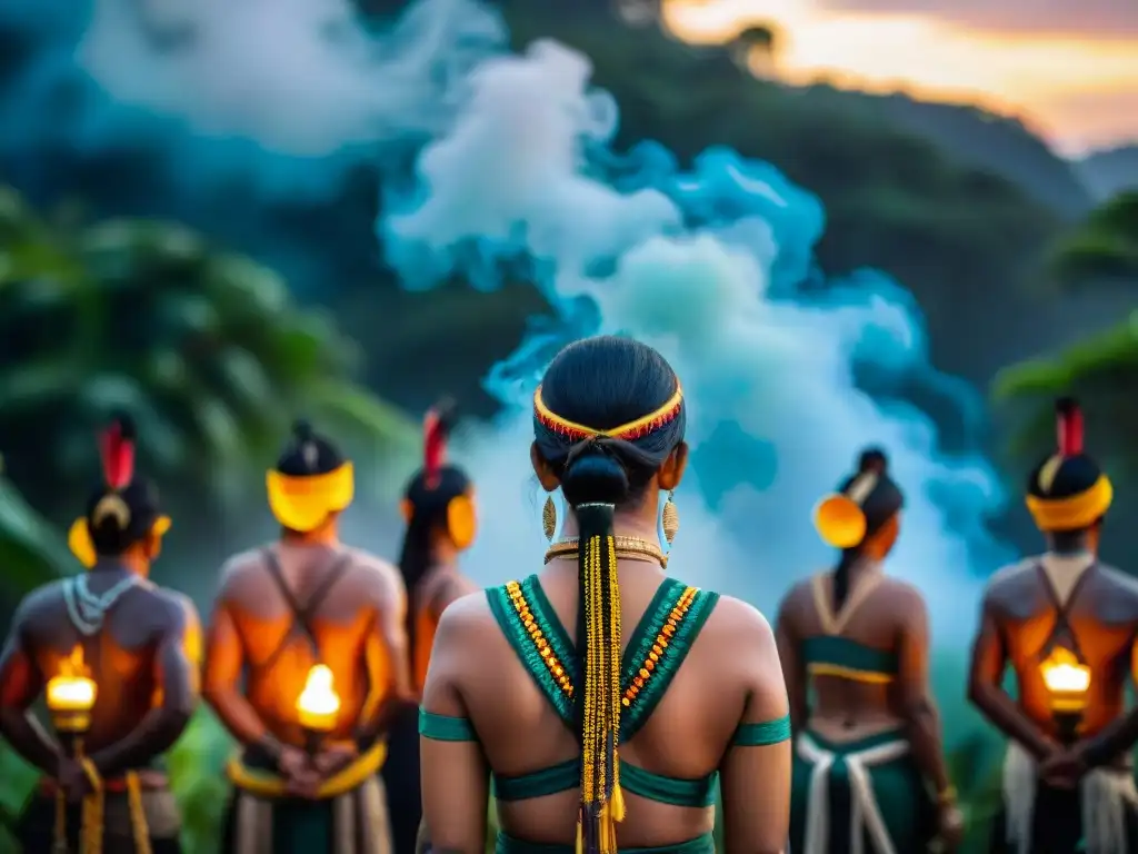 Ceremonia indígena amazónica al atardecer: mitos y leyendas en la selva