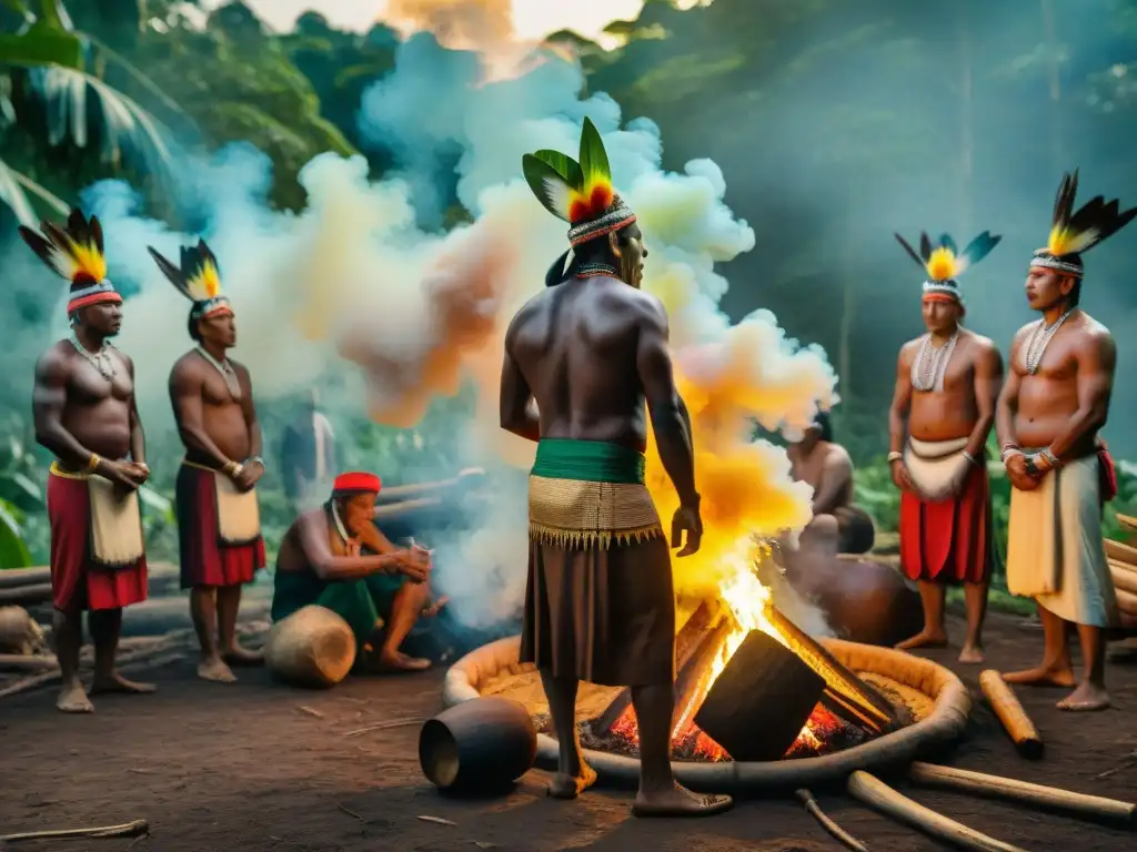 Ceremonia del Cacao en culturas indígenas: Ancianos y miembros de la comunidad danzan en reverencia al sagrado cacao en la selva