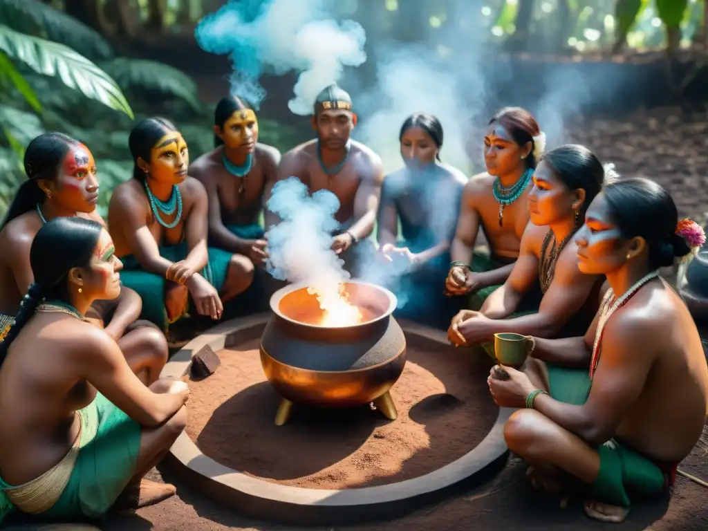 Ceremonia del Cacao en culturas indígenas: Grupo disfruta ritual con cacao en la selva, rostros pintados y tazas en mano