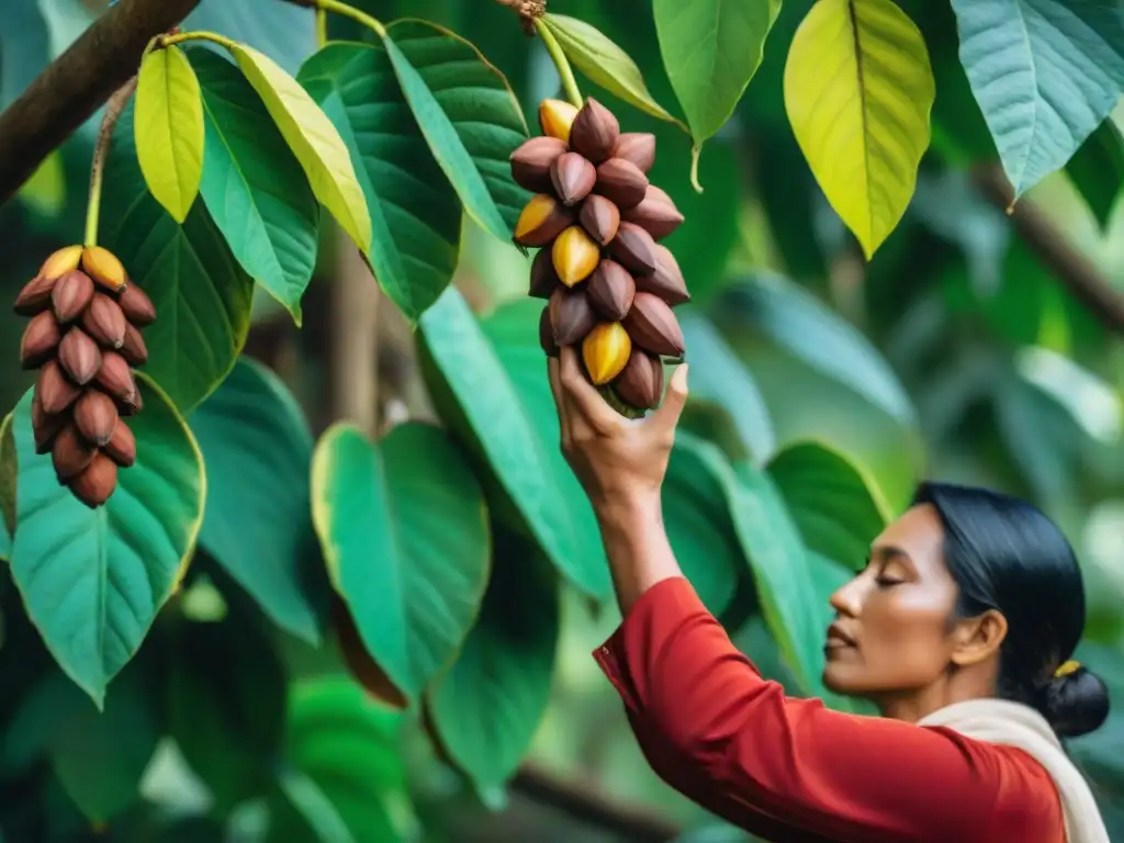 Ceremonia del Cacao en culturas indígenas: Agricultores recolectando cacao bajo árboles frondosos