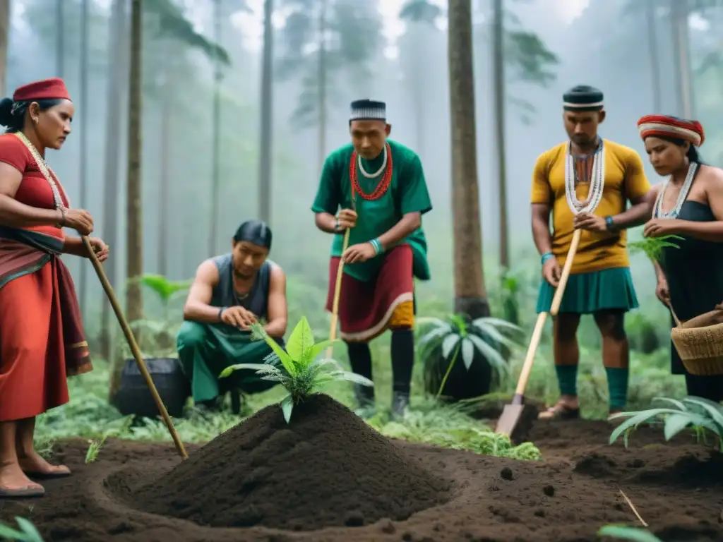 Ceremonia de reforestación indígena: comunidad plantando árboles en bosque, impacto cultural palpable