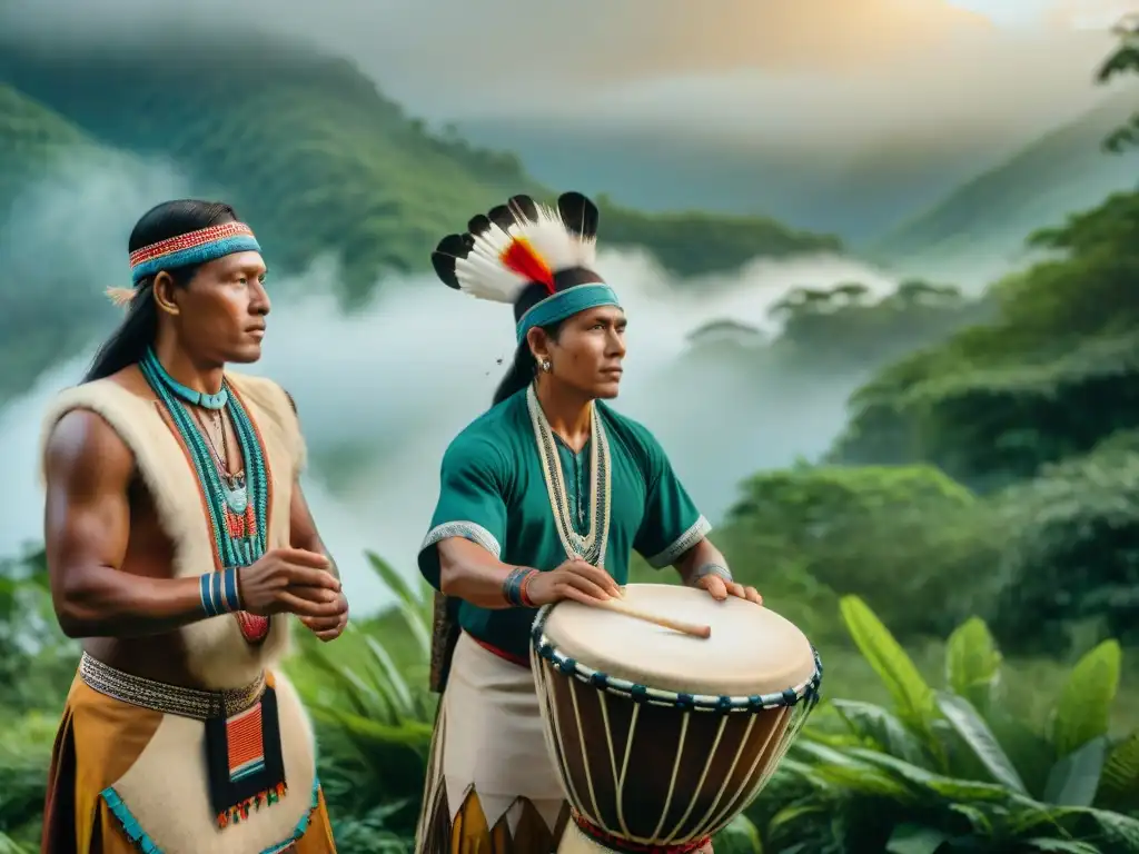 Ceremonia con culturas indígenas de las Américas tocando tambores en la selva