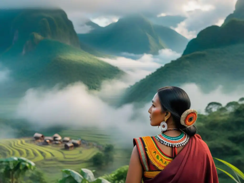 Ceremonia de culturas indígenas en la naturaleza, con vestimenta tradicional y joyería, en armonía con la montaña