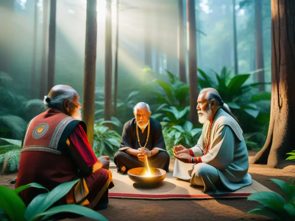 Ceremonia de curación con métodos indígenas en un bosque exuberante