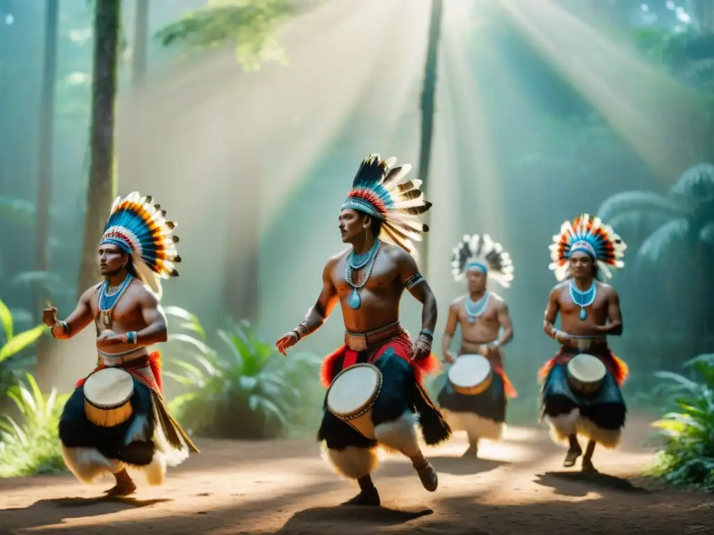 Ceremonia de danza tradicional de indígenas en un bosque exuberante con terapias de movimiento en culturas indígenas