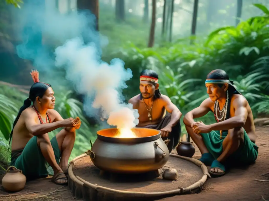 Ceremonia de elaboración de Tiswin por ancianos Apache en el bosque, destacando la innovación en bebidas indígenas ancestrales