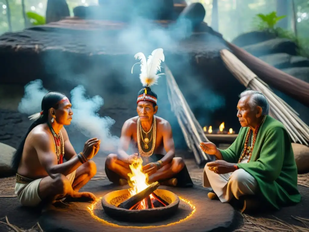 Ceremonia espiritual de ancianos indígenas Américas en bosque místico con plumas y petroglifos