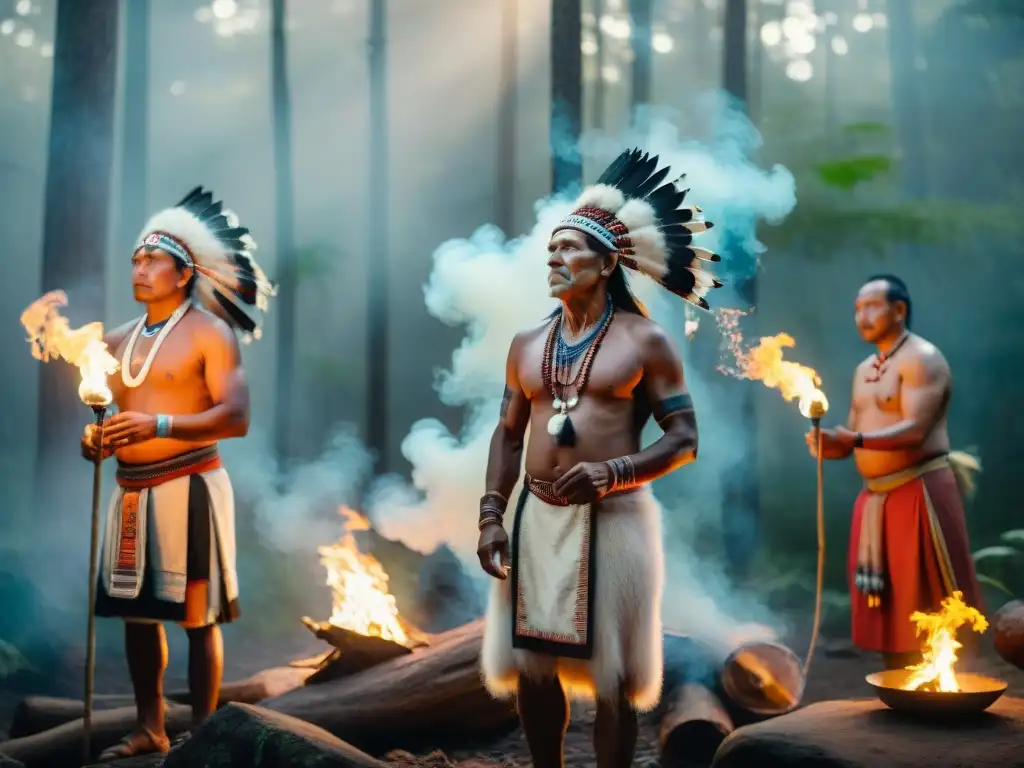 Ceremonia espiritual de ancianos indígenas al atardecer en un bosque místico