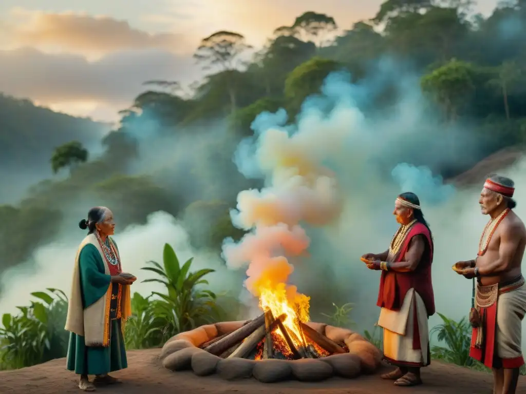 Ceremonia espiritual de ancianos indígenas en bosque neblinoso al amanecer