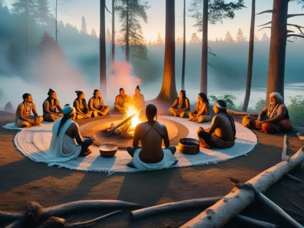 Ceremonia espiritual de ancianos indígenas en un bosque neblinoso al amanecer