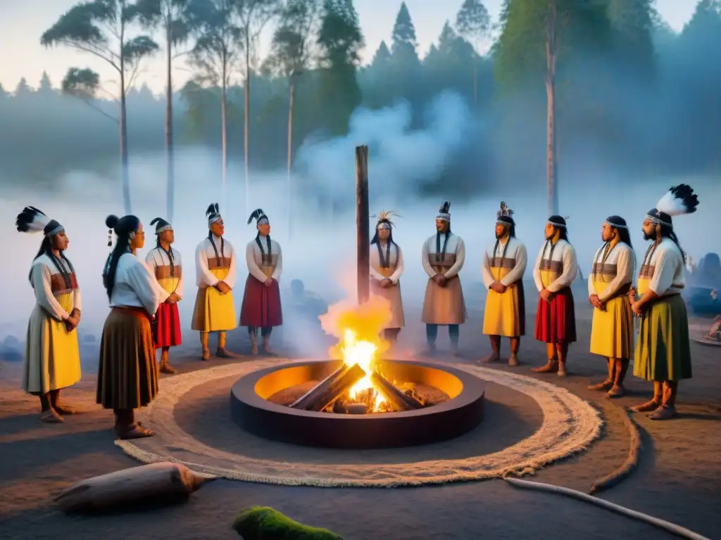 Ceremonia espiritual indígena moderna al amanecer en un claro boscoso con un chamán y danzas sagradas