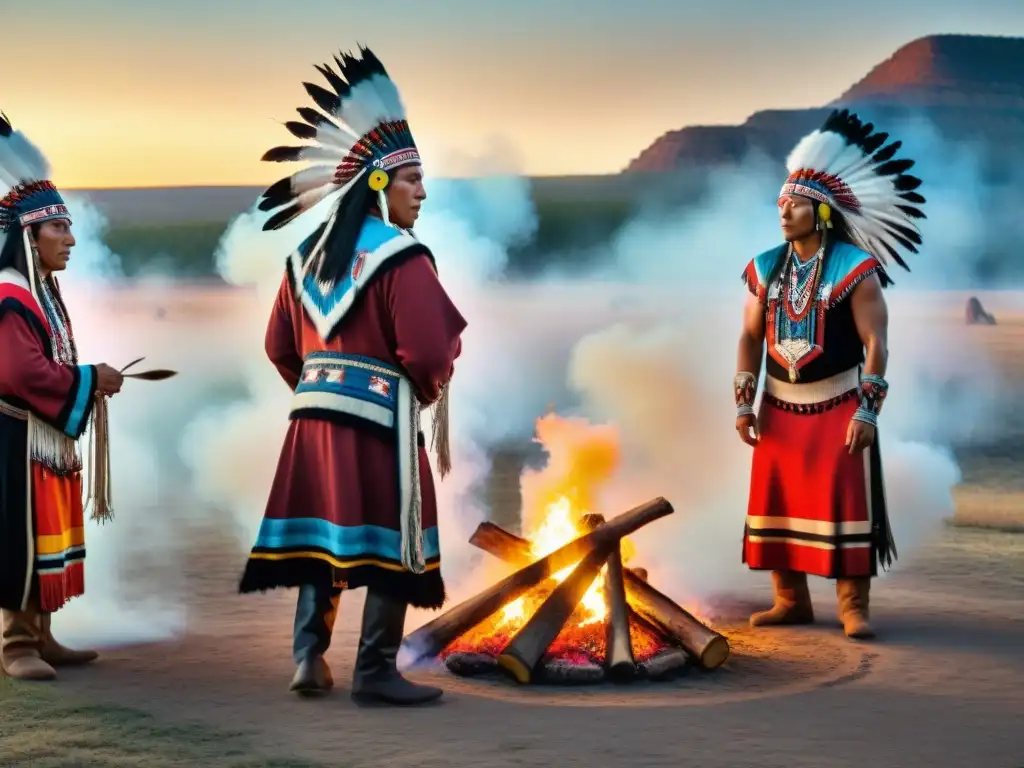 Ceremonia espiritual de la tribu Sioux: danzas sagradas alrededor de la hoguera bajo un cielo estrellado