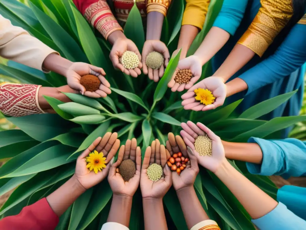 Ceremonia indígena de agradecimiento: grupo en trajes tradicionales sembrando semillas en un maizal floreciente