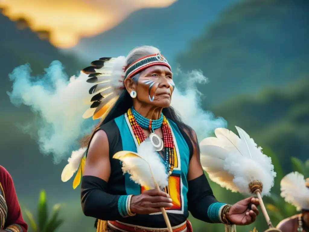 Ceremonia indígena al amanecer, con ancianos en atuendos tradicionales realizando un ritual sagrado en la naturaleza