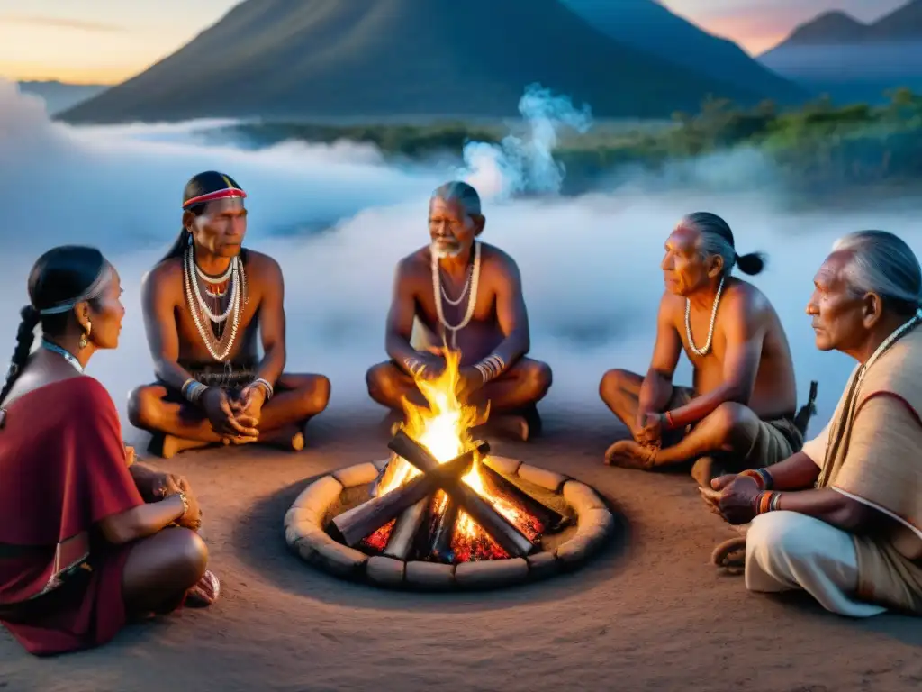 Ceremonia indígena al amanecer: ancianos en círculo alrededor del fuego, expresiones sabias, conexión espiritual profunda