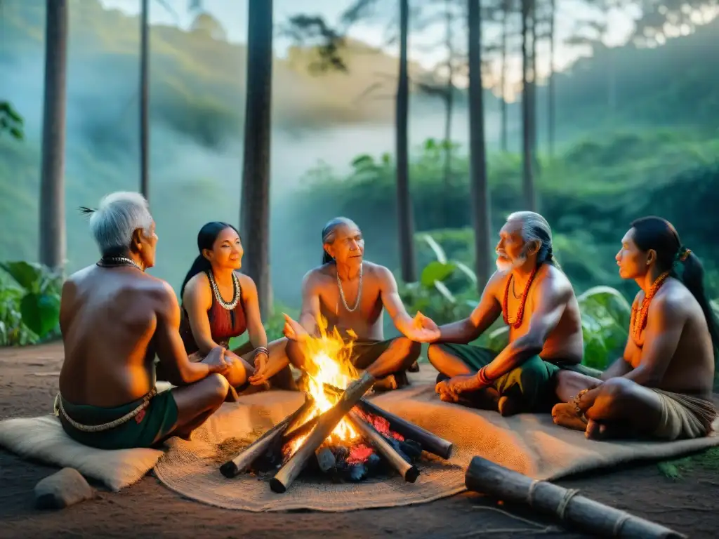 Ceremonia indígena con ancianos en bosque, mostrando conexión con la naturaleza