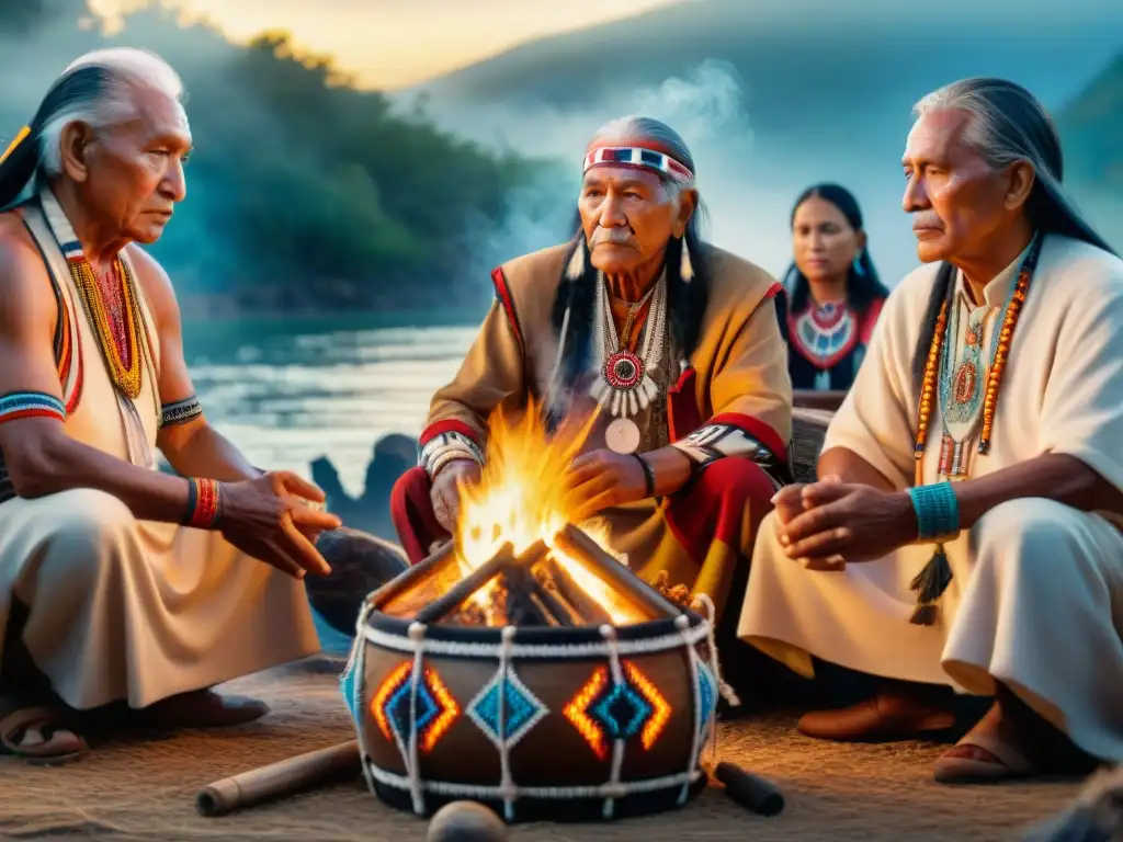 Ceremonia indígena con ancianos tocando tambores y cantando alrededor de un fuego sagrado, destacando la conexión entre música y tradiciones