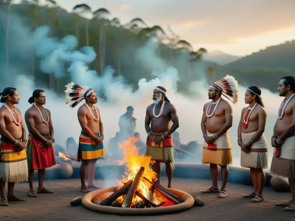 Ceremonia indígena al atardecer con ancianos en atuendos ceremoniales, rodeados de fuego y bosque