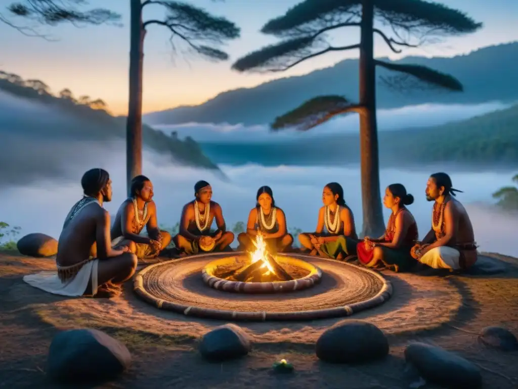 Ceremonia indígena al atardecer en el bosque: ancianos y jóvenes, enseñanzas ancestrales