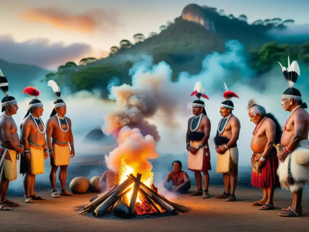 Ceremonia indígena al atardecer con ancianos en regalia alrededor del fuego