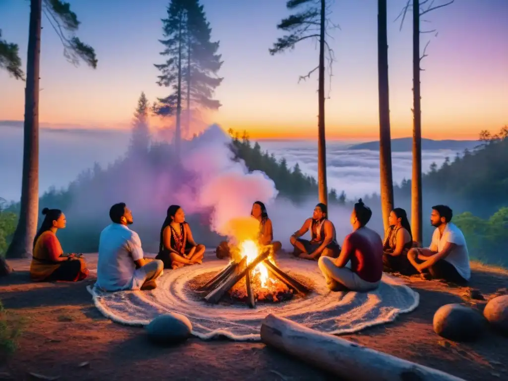 Ceremonia indígena al atardecer en el bosque